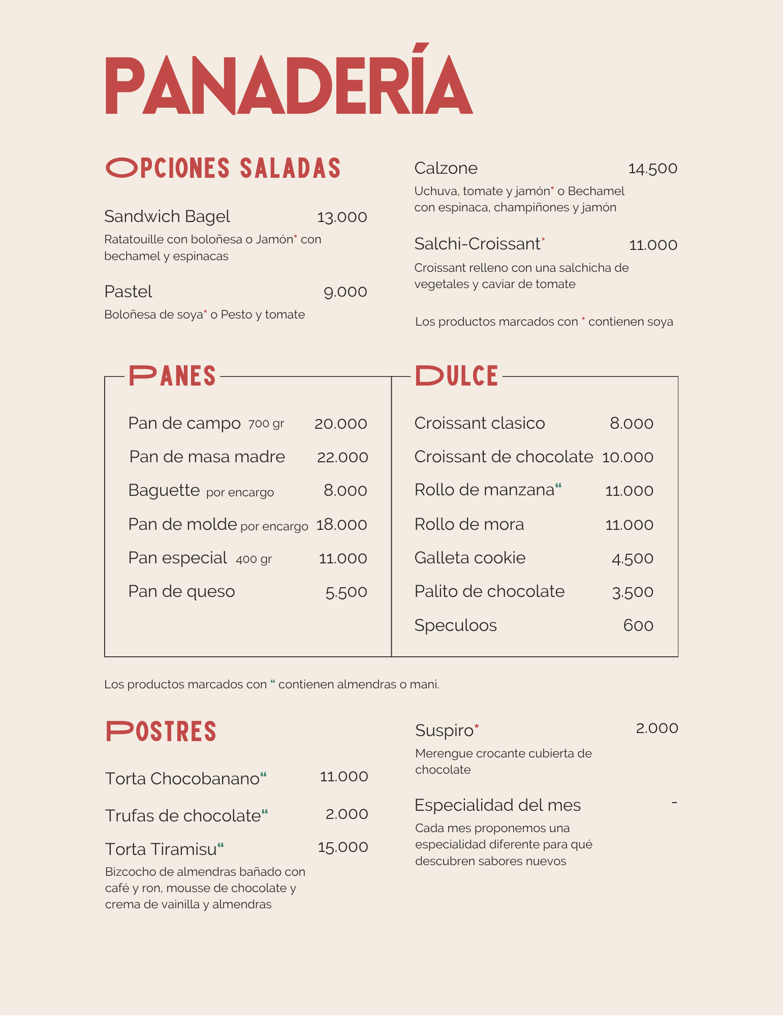 Menú de Panadería