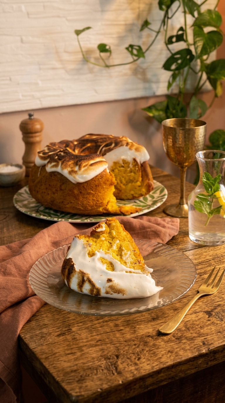 Torta de ahuyama, almendras y merengue chai